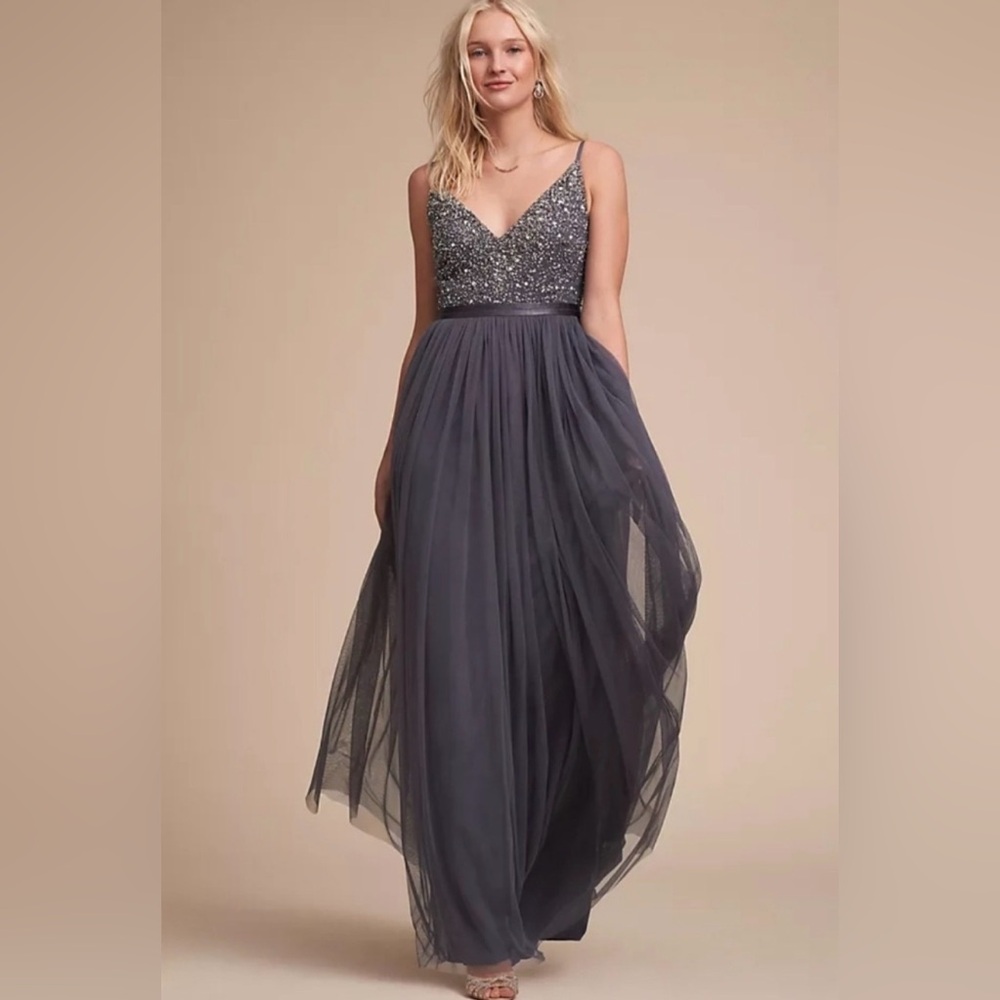 Anthropologie BHLDN Navy Beaded V-Neck Tulle Gown